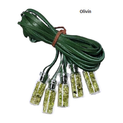 Lahvičky s kamínky, na koženém řemínku